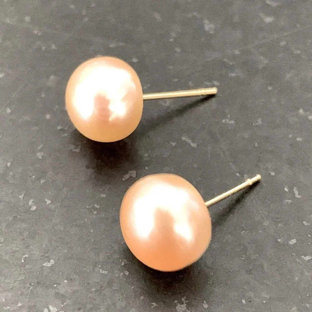 Large Pink Freshwater Cultured Pearl Stud Earrings Silver Tone